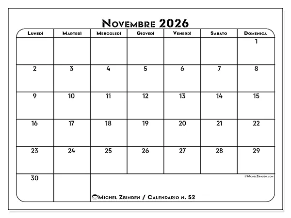 Calendario novembre 2026 da stampare - Organizzazione professionale