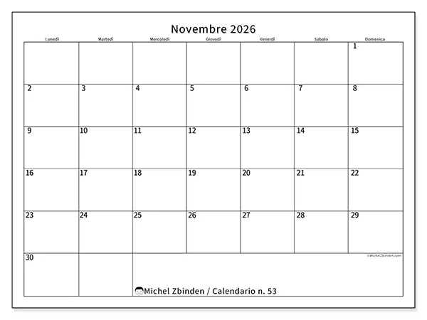 Calendario novembre 2026 da stampare - Orario efficiente