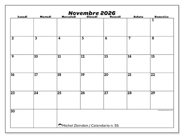 Calendario novembre 2026 da stampare - Organizzazione del tempo libero
