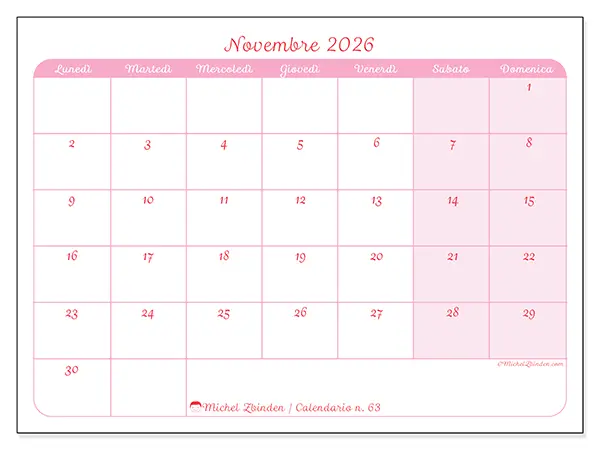 Calendario novembre 2026 da stampare - Organizzazione delicata
