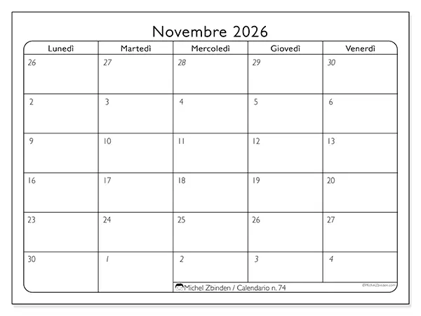 Calendario novembre 2026 da stampare - Organizzazione del lavoro