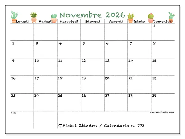 Calendario novembre 2026 da stampare - Cactus decorativi