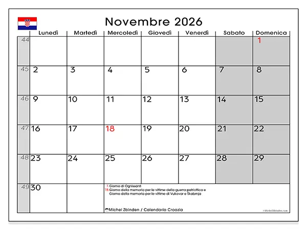 Calendario novembre 2026 da stampare - Croazia