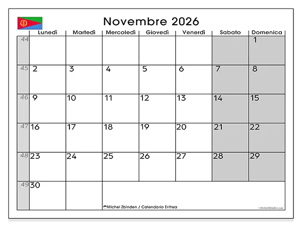 Calendario novembre 2026 da stampare - Eritrea