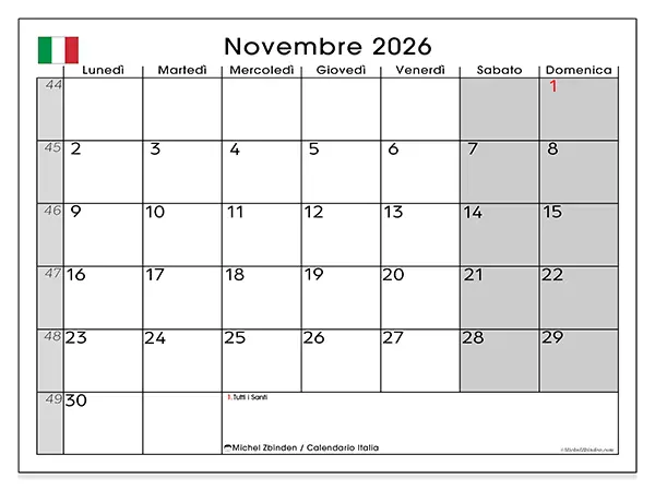 Calendario novembre 2026 da stampare - Italia
