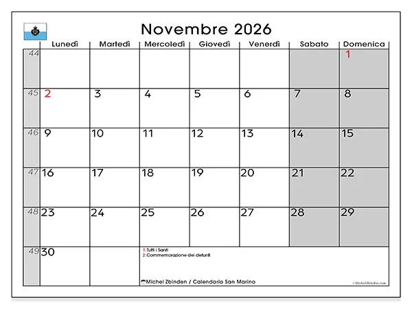 Calendario novembre 2026 da stampare - San Marino