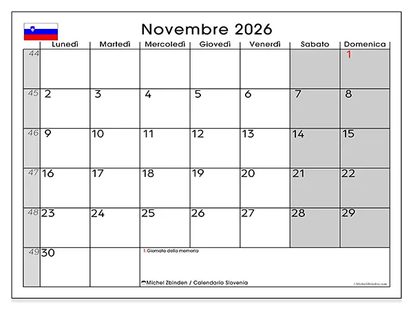 Calendario novembre 2026 da stampare - Slovenia