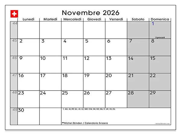 Calendario novembre 2026 da stampare - Svizzera