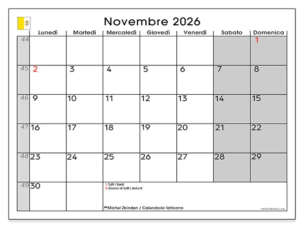 Calendario novembre 2026 da stampare - Vaticano