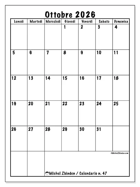 Calendario ottobre 2026 da stampare - Pianificazione efficiente