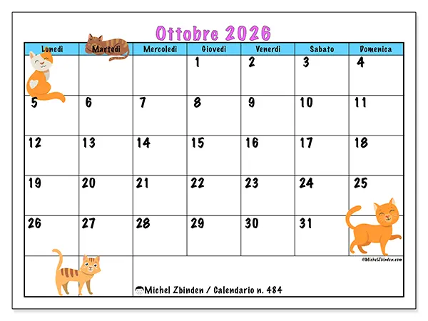 Calendario ottobre 2026 da stampare - Amore per i gatti
