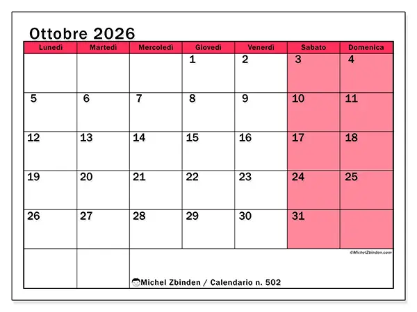 Calendario ottobre 2026 da stampare - Gestione luminosa