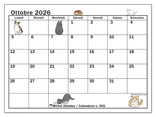 Calendario ottobre 2026 da stampare - Vita di gatto