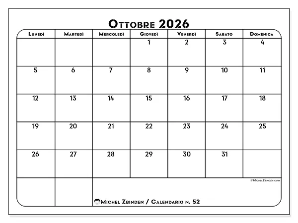 Calendario ottobre 2026 da stampare - Organizzazione professionale