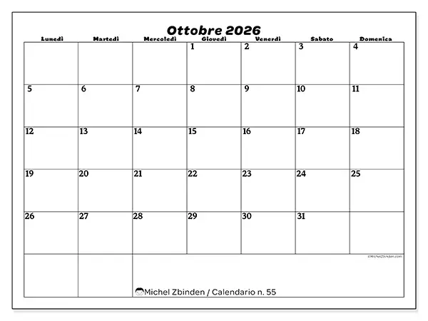 Calendario ottobre 2026 da stampare - Organizzazione del tempo libero