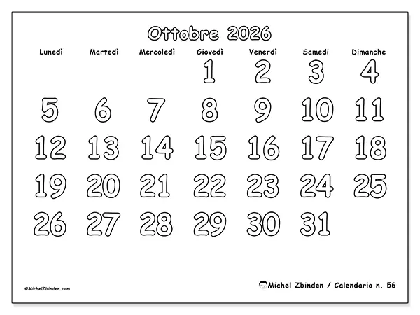 Calendario ottobre 2026 da stampare - Colorare utile
