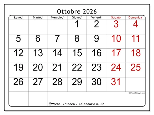 Calendario ottobre 2026 da stampare - Lettura rapida