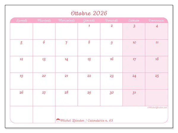 Calendario ottobre 2026 da stampare - Organizzazione delicata