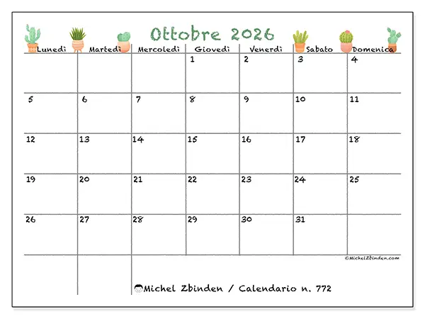 Calendario ottobre 2026 da stampare - Cactus decorativi