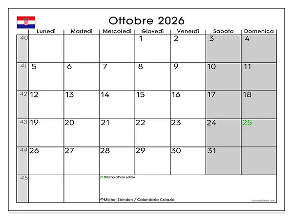 Calendario ottobre 2026 da stampare - Croazia