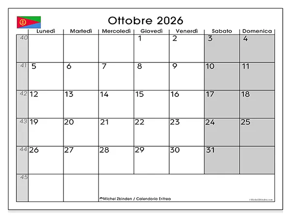 Calendario ottobre 2026 da stampare - Eritrea