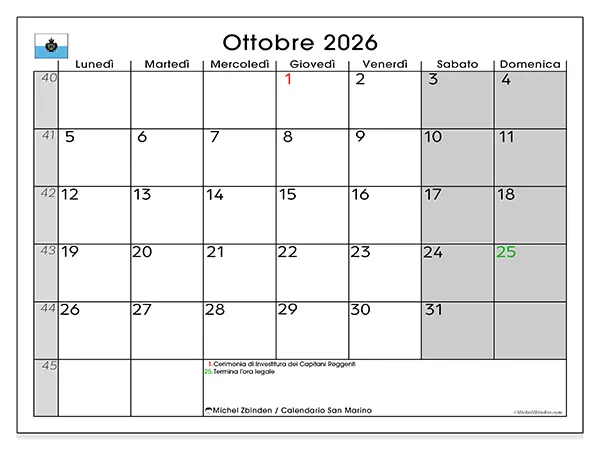 Calendario ottobre 2026 da stampare - San Marino