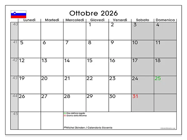 Calendario ottobre 2026 da stampare - Slovenia