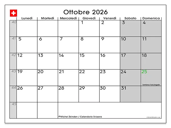 Calendario ottobre 2026 da stampare - Svizzera