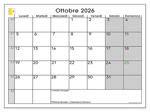 Calendario ottobre 2026 da stampare - Vaticano