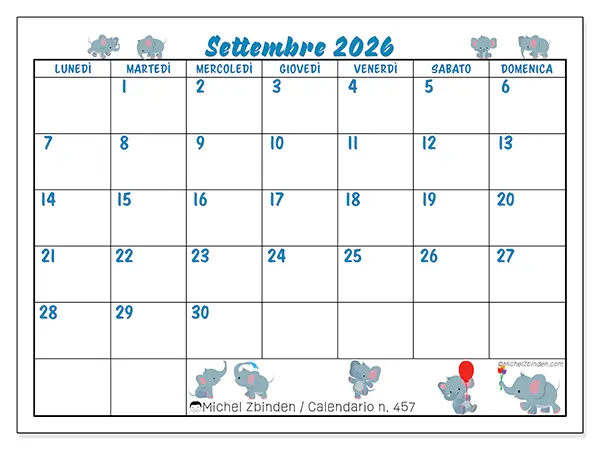 Calendario settembre 2026 da stampare - Piccoli elefanti
