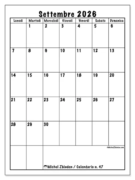Calendario settembre 2026 da stampare - Pianificazione efficiente