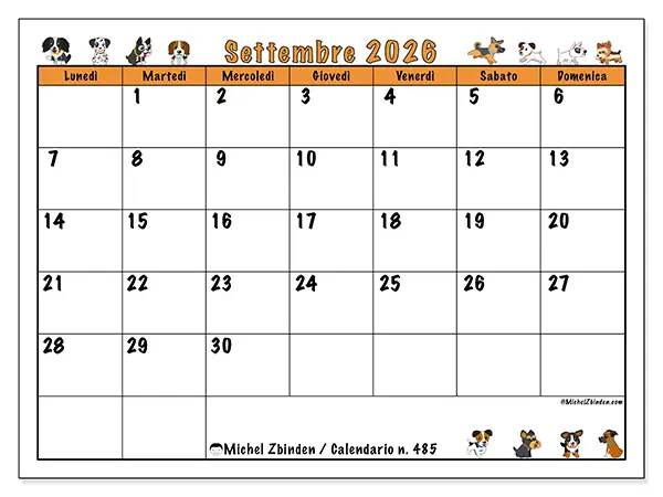Calendario settembre 2026 da stampare - Cani entusiasti