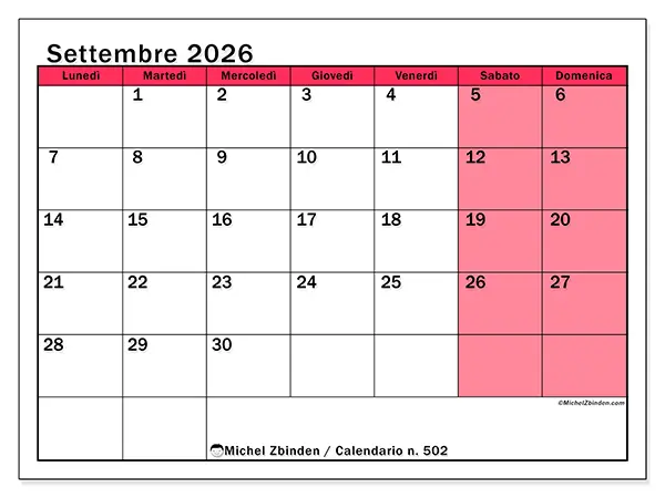 Calendario settembre 2026 da stampare - Gestione luminosa