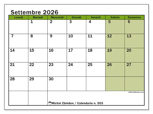 Calendario settembre 2026 da stampare - Organizzazione vivace