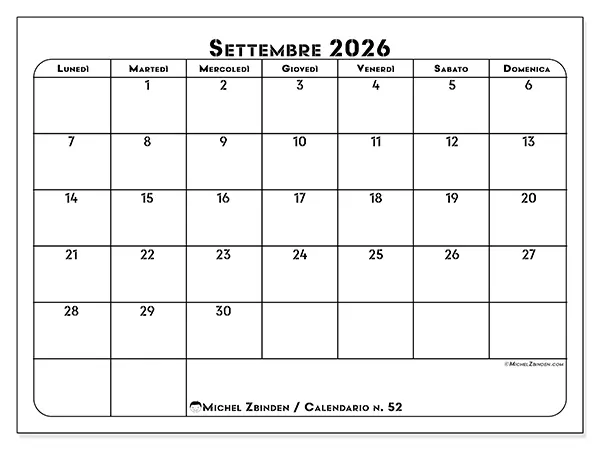 Calendario settembre 2026 da stampare - Organizzazione professionale