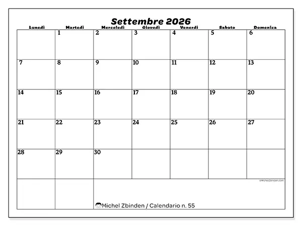 Calendario settembre 2026 da stampare - Organizzazione del tempo libero