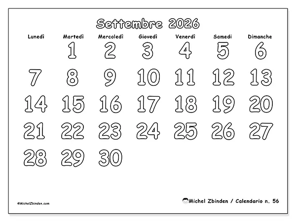 Calendario settembre 2026 da stampare - Colorare utile