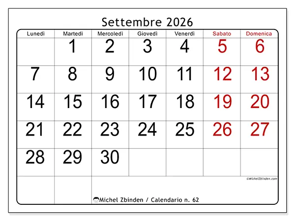 Calendario settembre 2026 da stampare - Lettura rapida