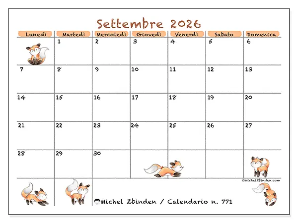 Calendario settembre 2026 da stampare - Disegni di volpi