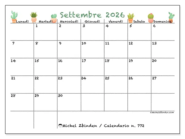 Calendario settembre 2026 da stampare - Cactus decorativi