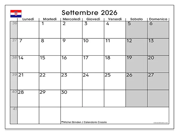 Calendario settembre 2026 da stampare - Croazia