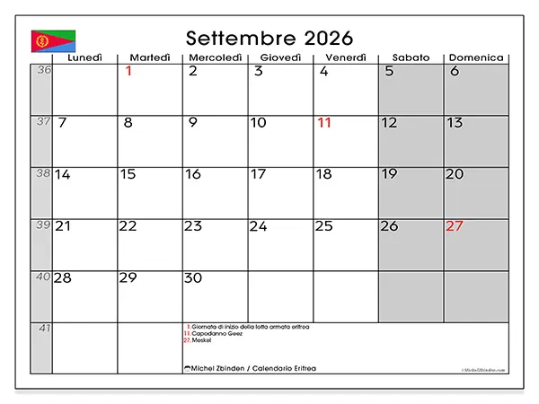 Calendario settembre 2026 da stampare - Eritrea