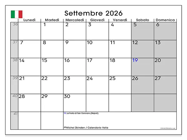 Calendario settembre 2026 da stampare - Italia
