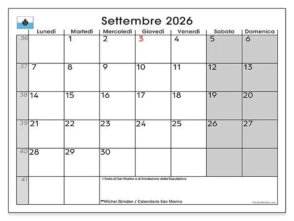 Calendario settembre 2026 da stampare - San Marino