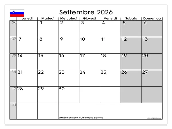 Calendario settembre 2026 da stampare - Slovenia
