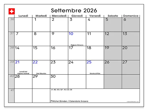 Calendario settembre 2026 da stampare - Svizzera