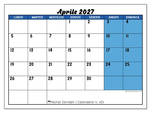 Calendario aprile 2027 da stampare - Organizzazione dinamica