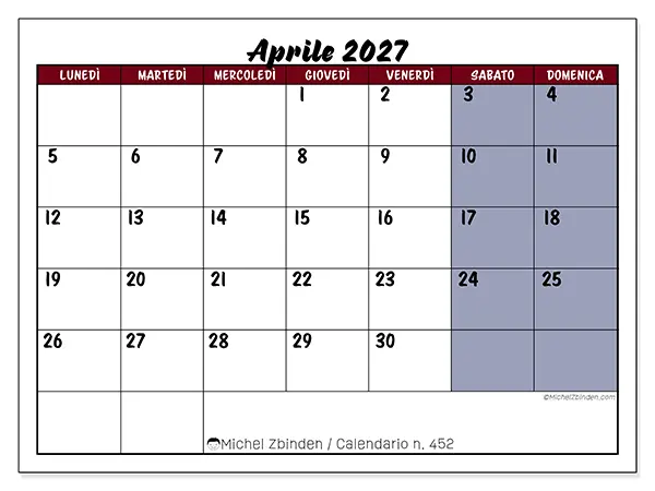 Calendario aprile 2027 da stampare - Produttività a colori