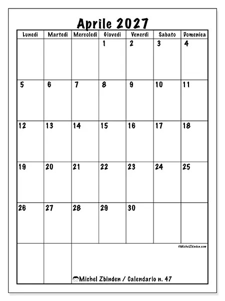 Calendario aprile 2027 da stampare - Pianificazione efficiente