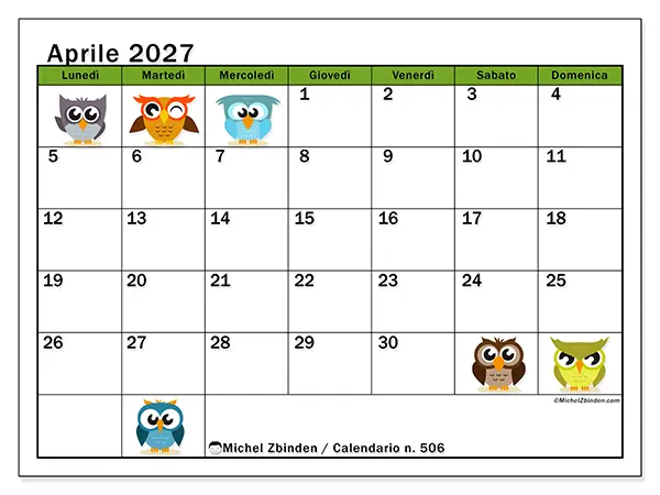 Calendario aprile 2027 da stampare - Gufi divertenti